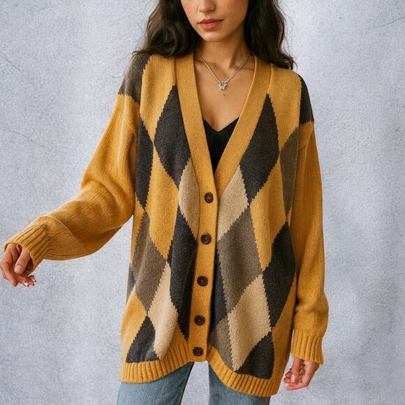 Vintage 90s Lizsport Tan Gray Argyle Knit Cotton Cardigan Sweater Large - Picture 2 of 9